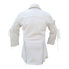 Back view of a men's white real leather Matrix trench coat showing upper arm lace-up details and twin rear zipper hem vents.