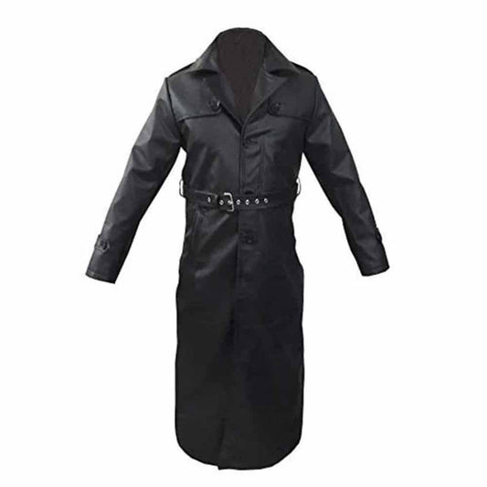 Abrigo largo gótico de cuero real negro para hombre Matrix Goth T17