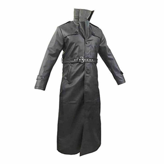 Abrigo largo gótico de cuero real negro para hombre Matrix Goth T17