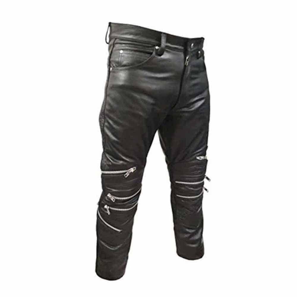 Pantalones de Motociclista de Cuero de Vacuno Negro Genuino para Hombre, Pantalones de Motociclista Vaqueros