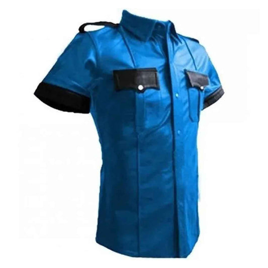 Camisa de Policía para Hombre de Cuero Genuino, Blusa de Cuero, Camisa de Cuero Azul, Bikers