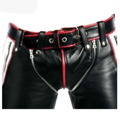 Vaqueros BLUF de cuero de vaca auténtico negro para hombre, bondage, con contraste rojo y blanco