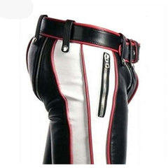 Vaqueros BLUF de cuero de vaca auténtico negro para hombre, bondage, con contraste rojo y blanco