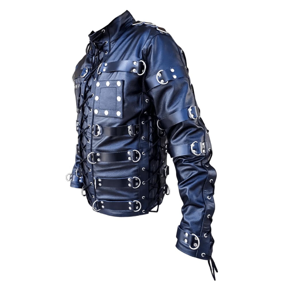 Cowhide Leather Heavy Duty Straitjacket BDSM Restricted jacket top with metallic accents on a white background