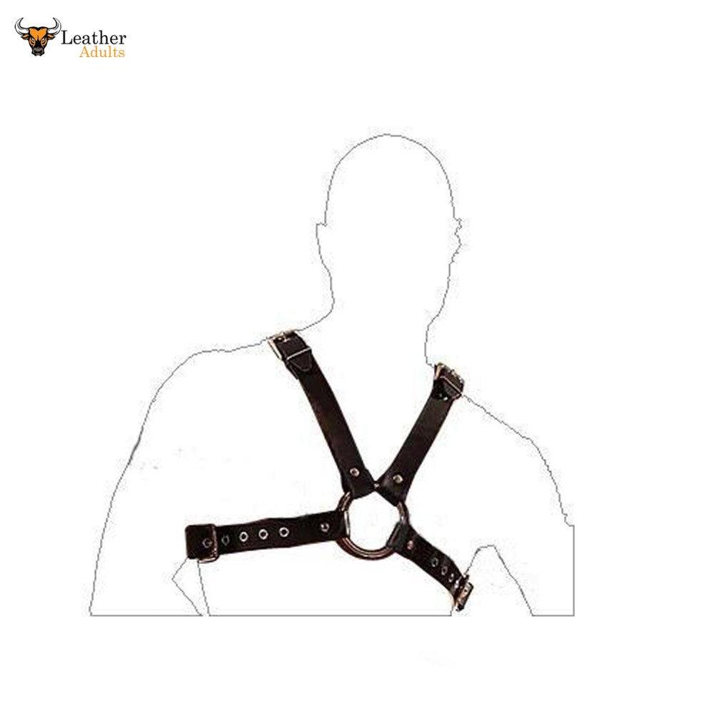 Black leather harness on a white silhouette background with 'Leather Addicts' branding.