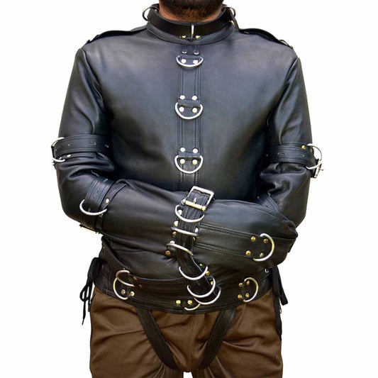 Chaqueta de cuero auténtico para bondage, BDSM, de alta resistencia, tipo camisa de fuerza