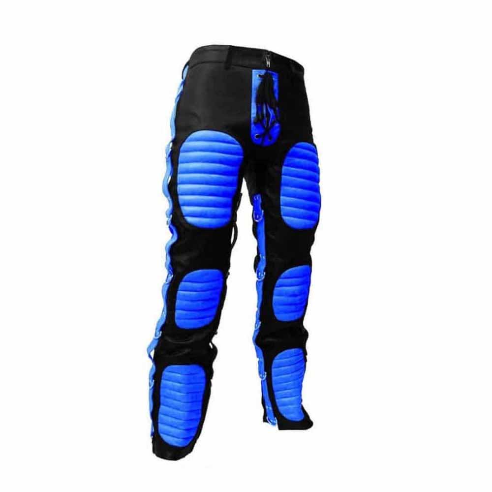 Pantalones Vaqueros de Cuero Genuino de Piel de Vacuno Negra Resistentes para Hombre con Contraste Azul