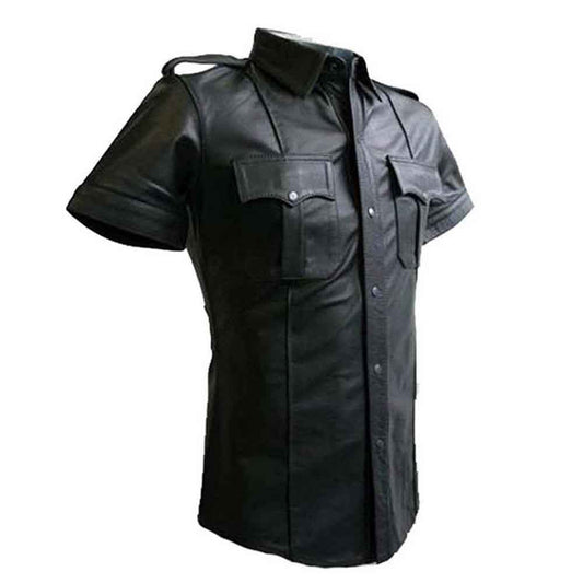Camisa de estilo militar de policía de cuero auténtico negro para hombre - Camisas gay BLUF