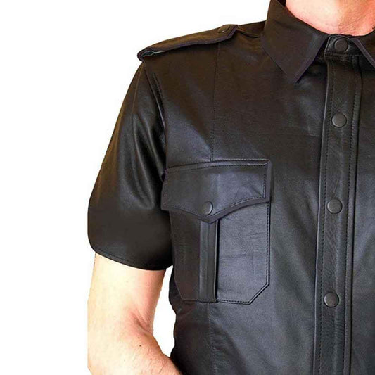 Camisa de estilo militar de policía de cuero auténtico negro para hombre - Camisas gay BLUF