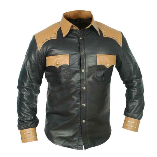 Camisa de estilo vaquero/policía del oeste de manga larga de piel auténtica para hombre, negra y tostada