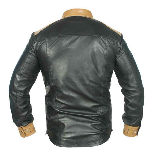 Camisa de estilo vaquero/policía del oeste de manga larga de piel auténtica para hombre, negra y tostada
