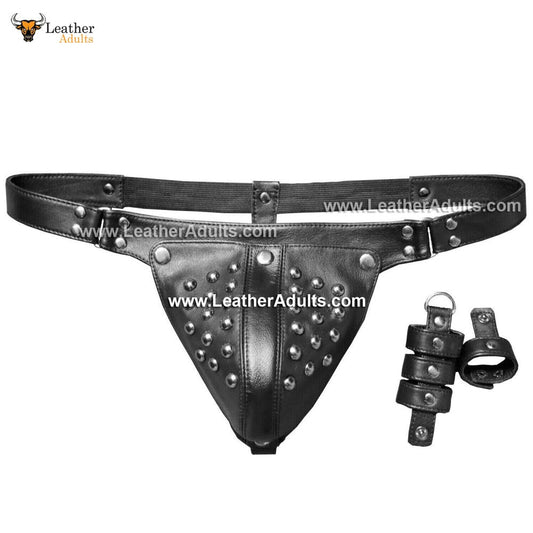 A black leather jockstrap with a studded cod piece and attached rings, displayed on a white background.