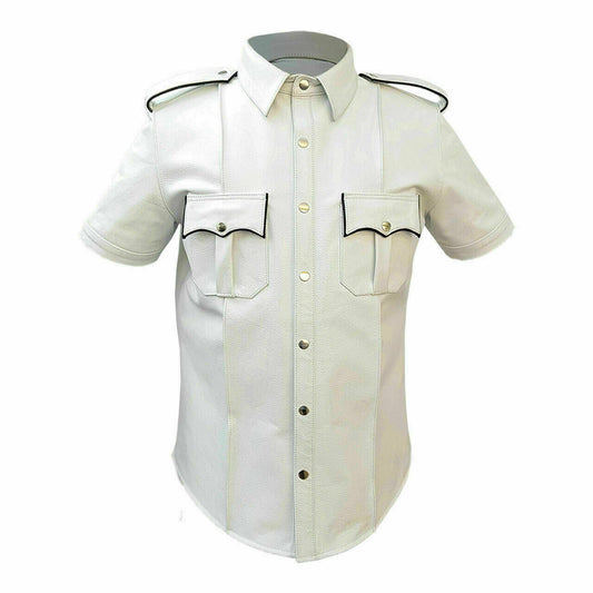 CAMISA DE HOMBRE DE CUERO AUTÉNTICO BLANCA ESTILO POLICÍA MILITAR BLUF TODAS LAS TALLAS