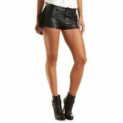 Pantalones cortos de cuero de piel de cordero genuina suave negros de cintura alta para mujer