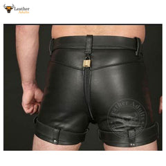 Pantalones cortos de castidad para hombre de cuero vacuno auténtico, negros con doble cremallera