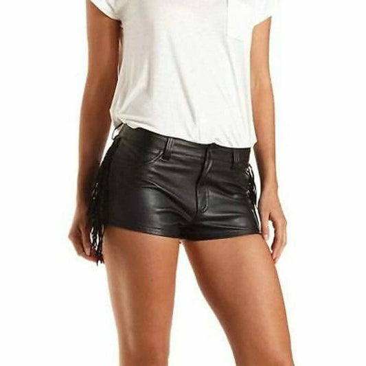 Pantalones cortos de cuero de piel de cordero genuina suave negros de cintura alta para mujer