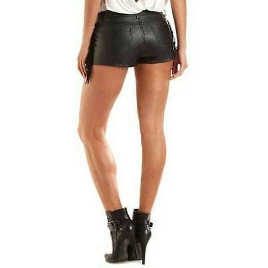 Pantalones cortos de cuero de piel de cordero genuina suave negros de cintura alta para mujer