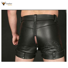 Pantalones cortos de castidad para hombre de cuero vacuno auténtico, negros con doble cremallera