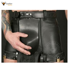 Pantalones cortos de castidad para hombre de cuero vacuno auténtico, negros con doble cremallera