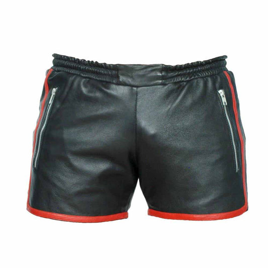 Pantalones cortos de cuero vacuno auténtico para hombre, negros y rojos, estilo clubwear