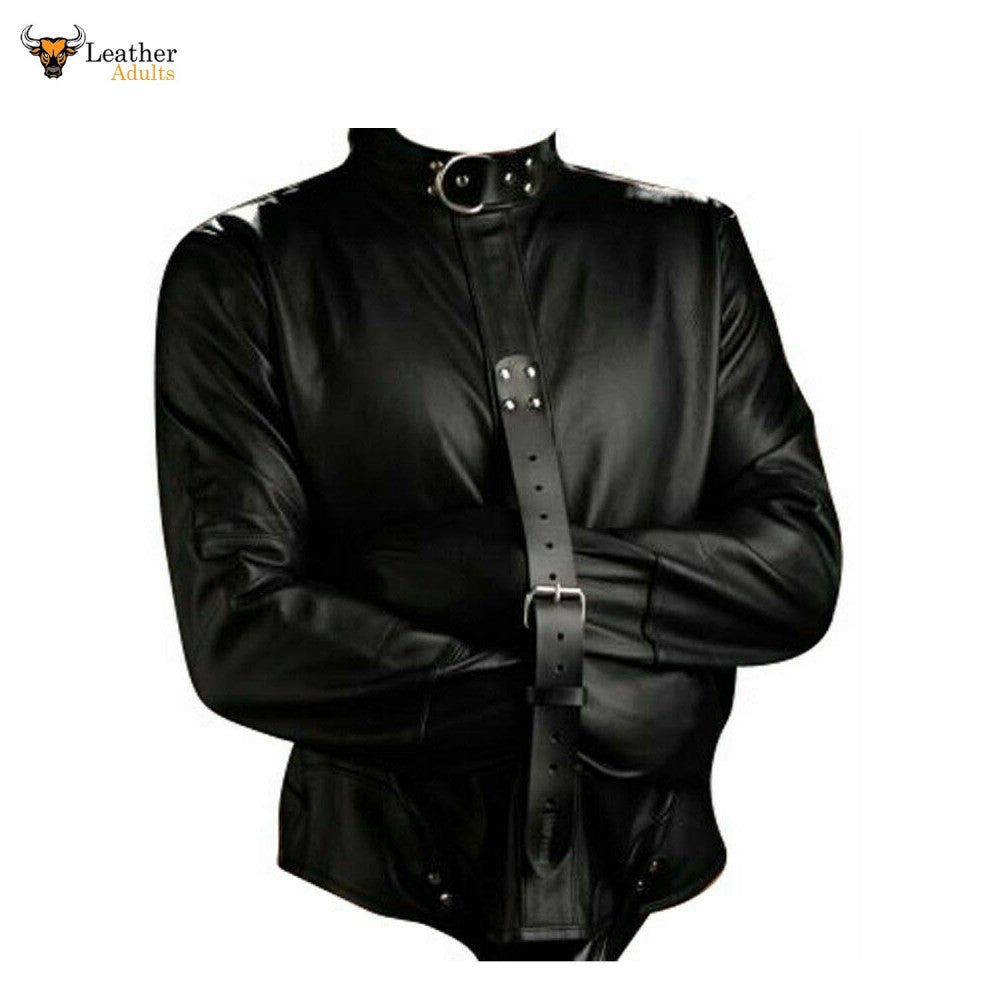 Camisa de fuerza de cuero genuino negro resistente para hombre BONDAGE