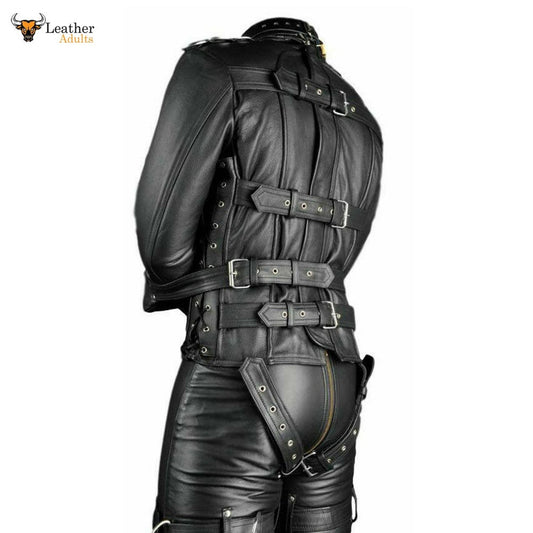 Camisa de fuerza de cuero auténtico para hombre, con forro de cuero, camisa de fuerza de alta resistencia, bondage