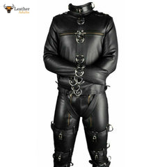 Camisa de fuerza y ​​pantalones de cuero auténtico para hombre con forro de cuero, uso intensivo BDSM