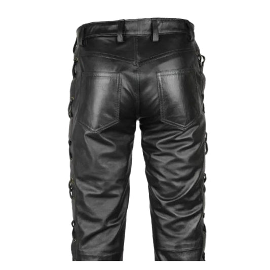 Pantalones de motorista de cuero auténtico para hombre con cordones laterales y delanteros