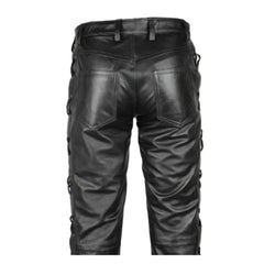 Pantalones de motorista de cuero auténtico para hombre con cordones laterales y delanteros