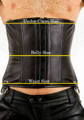 Measurement guide diagram for men's leather corset indicating under-chest, belly, and waist measurement lines.