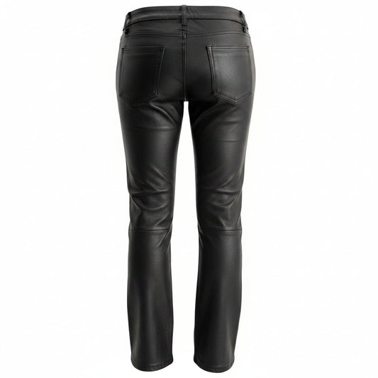 Pantalones de motorista de cuero genuino de vaca negro de cinco bolsillos para mujer