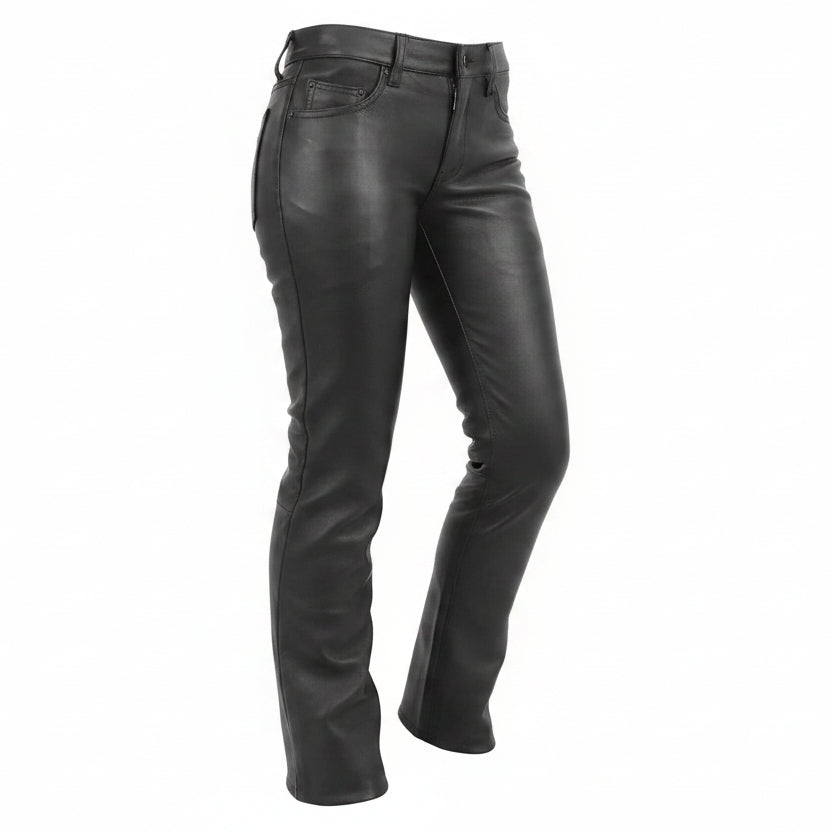 Pantalones de motorista de cuero genuino de vaca negro de cinco bolsillos para mujer