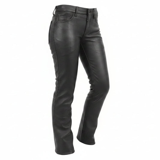Pantalones de motorista de cuero genuino de vaca negro de cinco bolsillos para mujer
