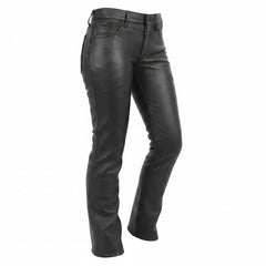 Pantalones de motorista de cuero genuino de vaca negro de cinco bolsillos para mujer