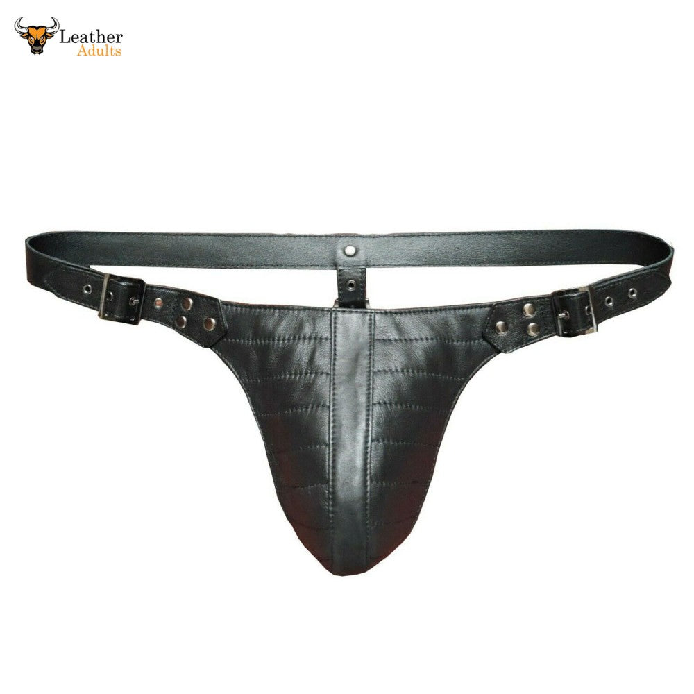 A black leather jockstrap with a central pouch and decorative stitching, featuring a adjustable waistband with metal buckle closure.