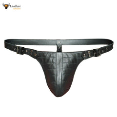 A black leather jockstrap with a central pouch and decorative stitching, featuring a adjustable waistband with metal buckle closure.
