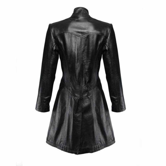 Back profile of a women's black lambskin leather coat displaying tailored panel seams, a cinched waist structure, and a rear bottom vent.