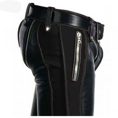 Pantalones de cuero negro de piel de vaca para hombre BLUF Estilo bondage Breeches Pantalones Vaqueros Biker