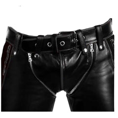 Pantalones de cuero negro de piel de vaca para hombre BLUF Estilo bondage Breeches Pantalones Vaqueros Biker