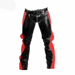 Vaqueros de cuero de vaca negro para hombre, bondage, con contraste rojo, estilo bluf, pantalones de montar