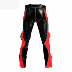 Vaqueros de cuero de vaca negro para hombre, bondage, con contraste rojo, estilo bluf, pantalones de montar