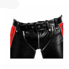 Vaqueros de cuero de vaca negro para hombre, bondage, con contraste rojo, estilo bluf, pantalones de montar