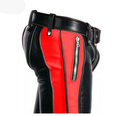 Vaqueros de cuero de vaca negro para hombre, bondage, con contraste rojo, estilo bluf, pantalones de montar