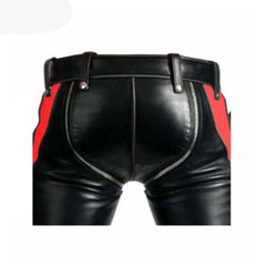 Vaqueros de cuero de vaca negro para hombre, bondage, con contraste rojo, estilo bluf, pantalones de montar
