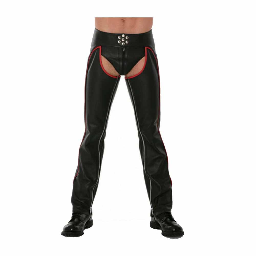 Polainas de motociclista para hombre, polainas de cuero con ribete rojo, polainas de cuero gay, pantalones con suspensorio