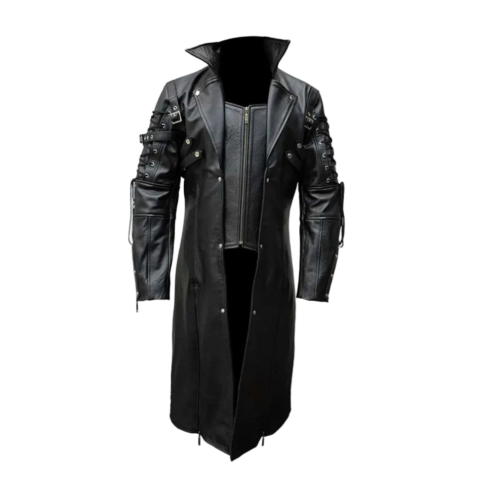 Abrigo largo gótico de cuero negro auténtico para hombre T18, estilo Van Helsing, Steampunk