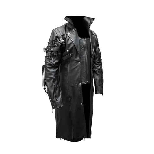 Abrigo largo gótico de cuero negro auténtico para hombre T18, estilo Van Helsing, Steampunk