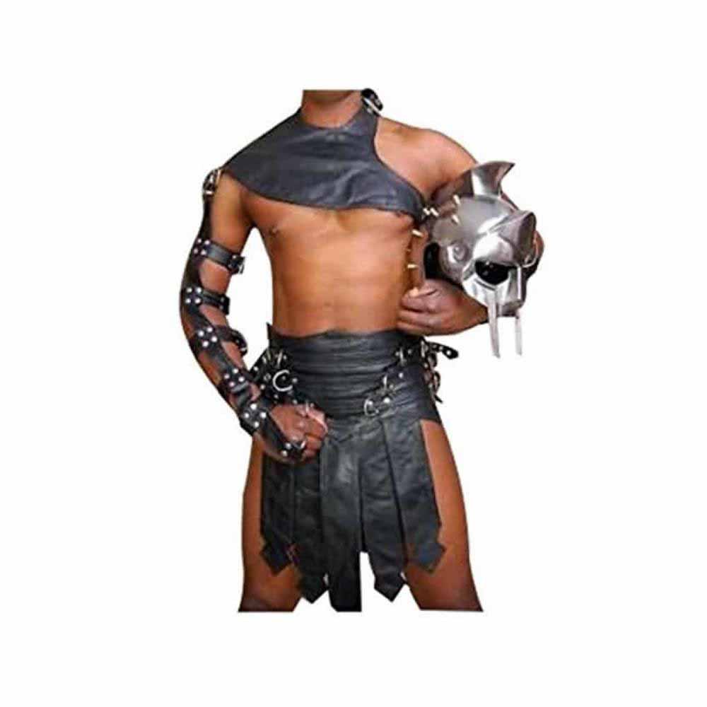 Conjunto de falda escocesa de gladiador romano de cuero negro para hombre – K3 -BLK