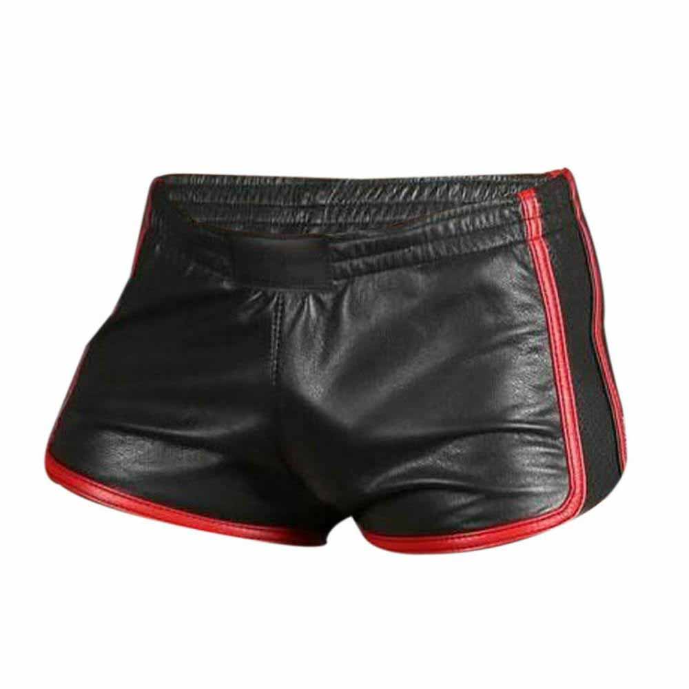 Black leather athletic shorts with red piping trim along the sides and hem, shown against a plain white background.