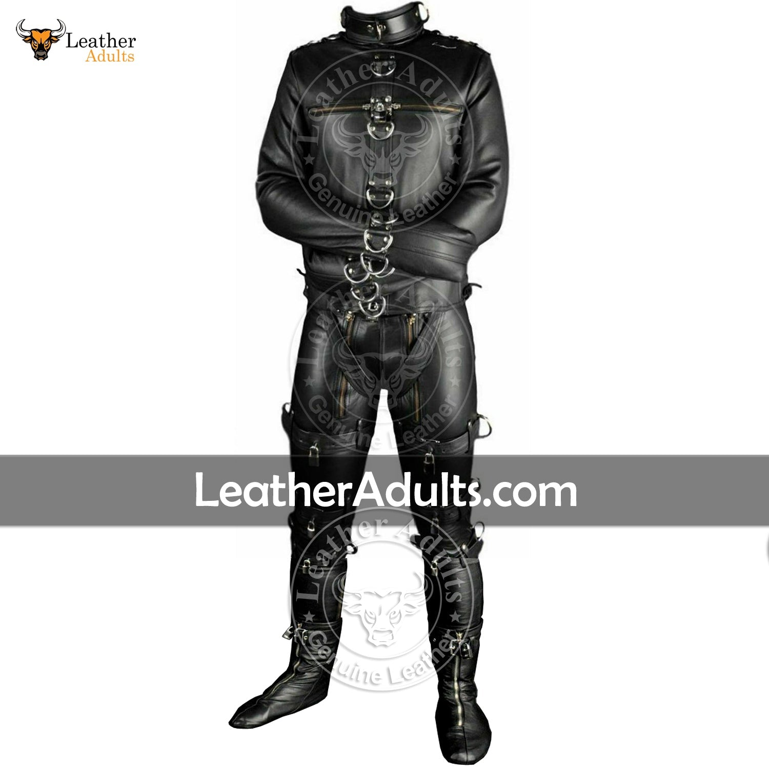 A man wearing a black leather bondage suit with D-rings, lacing, and straps for restraint, standing against a white background. The suit is embellished with silver and gold detailing, and the brand 'Leader Adults' is visible on the website address.